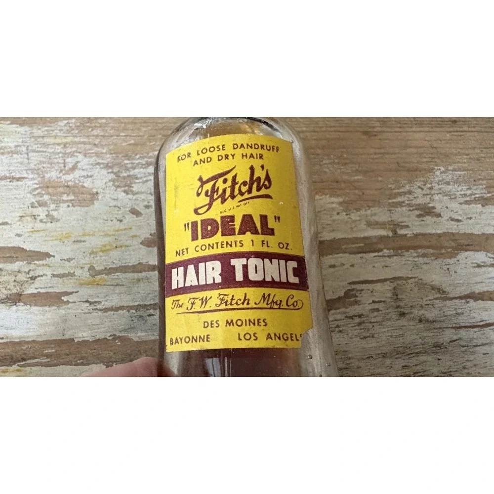Vintage barber salon Fitch's Brilliantine & Ideal Hair Tonic glass bottles 1950s